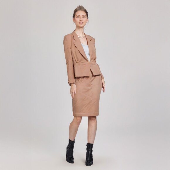 Vintage Garey Petites Wool Co-Ord Suit Set Blazer & Skirt Tan Camel Office 90s - Picture 1 of 7